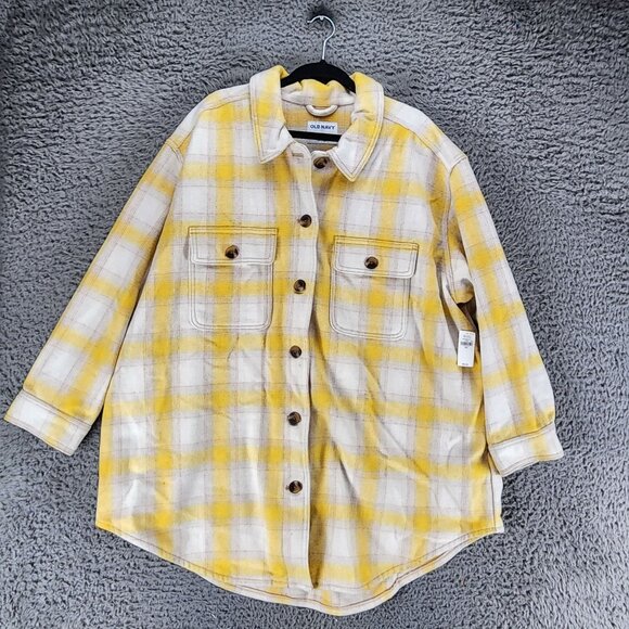 Old Navy Jacket Womens XXL Yellow Plaid Long Sleeve Button Up Shacket *NWT* - Picture 1 of 10